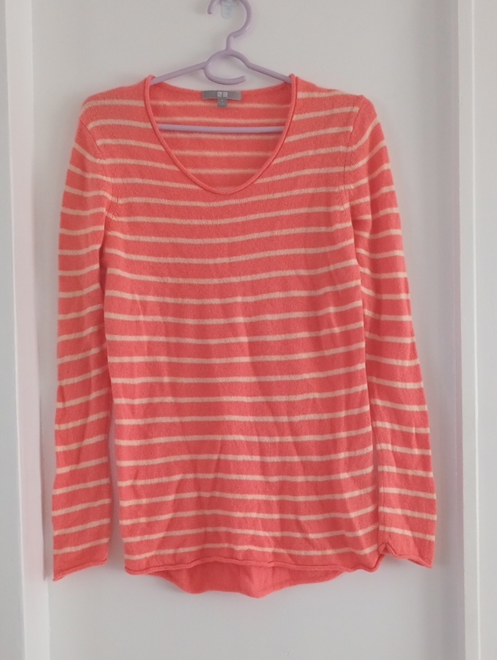 Uniqlo 100% Cashmere Coral Orange & Cream Striped Sweater
